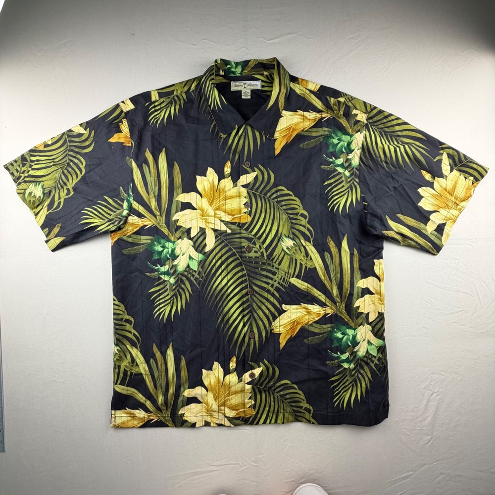 Tommy Bahama Silk Camp Shirt Men XL Black Yellow Floral Palm Leaf Print 271